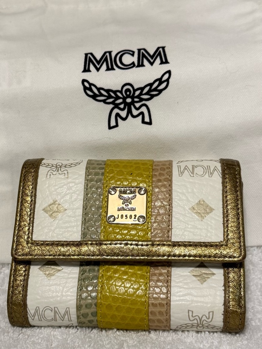 MCM White, Metallic Gold & Multicolor Striped Leather Continental Compact Wallet